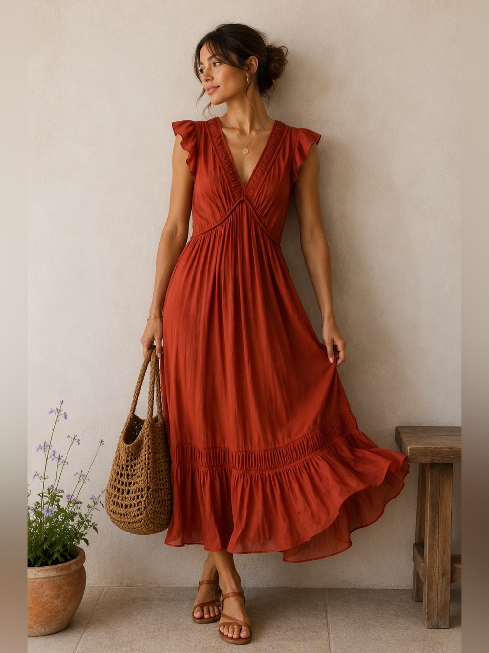 Anthropologie Rust Flutter Sleeve Boho Midi Dress Ruched V-Neck Size 10